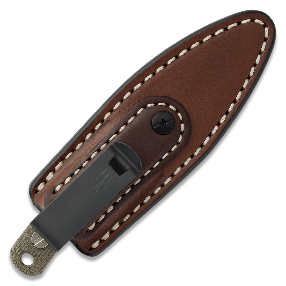 Little Lulu knife in brown leather in-pocket sheath, back view