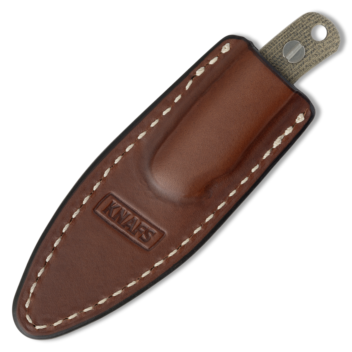 Little Lulu knife in brown leather in-pocket sheath, front view