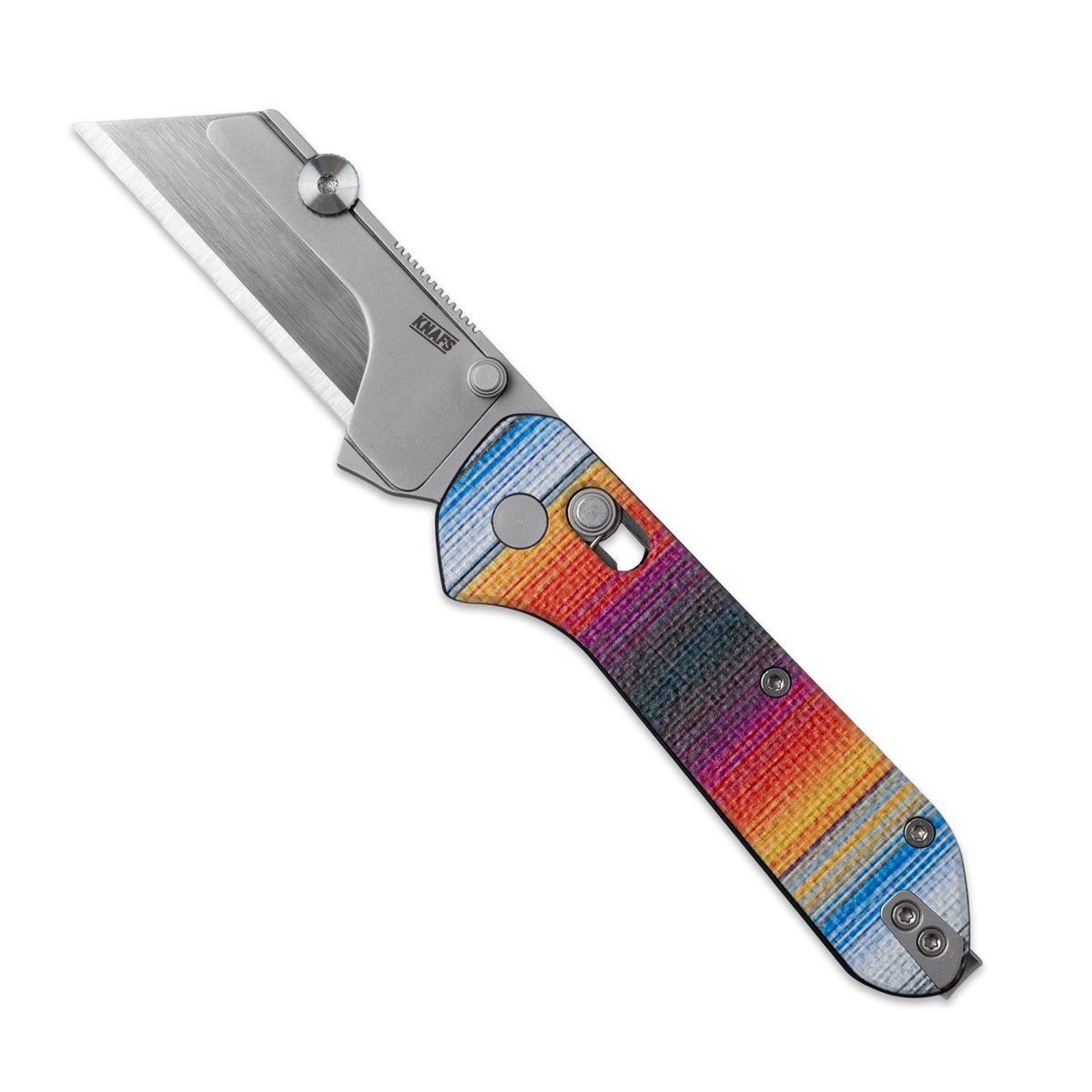 Yuti utility knife with UV printed Mexican blanket pattern G10 handle, open, front view