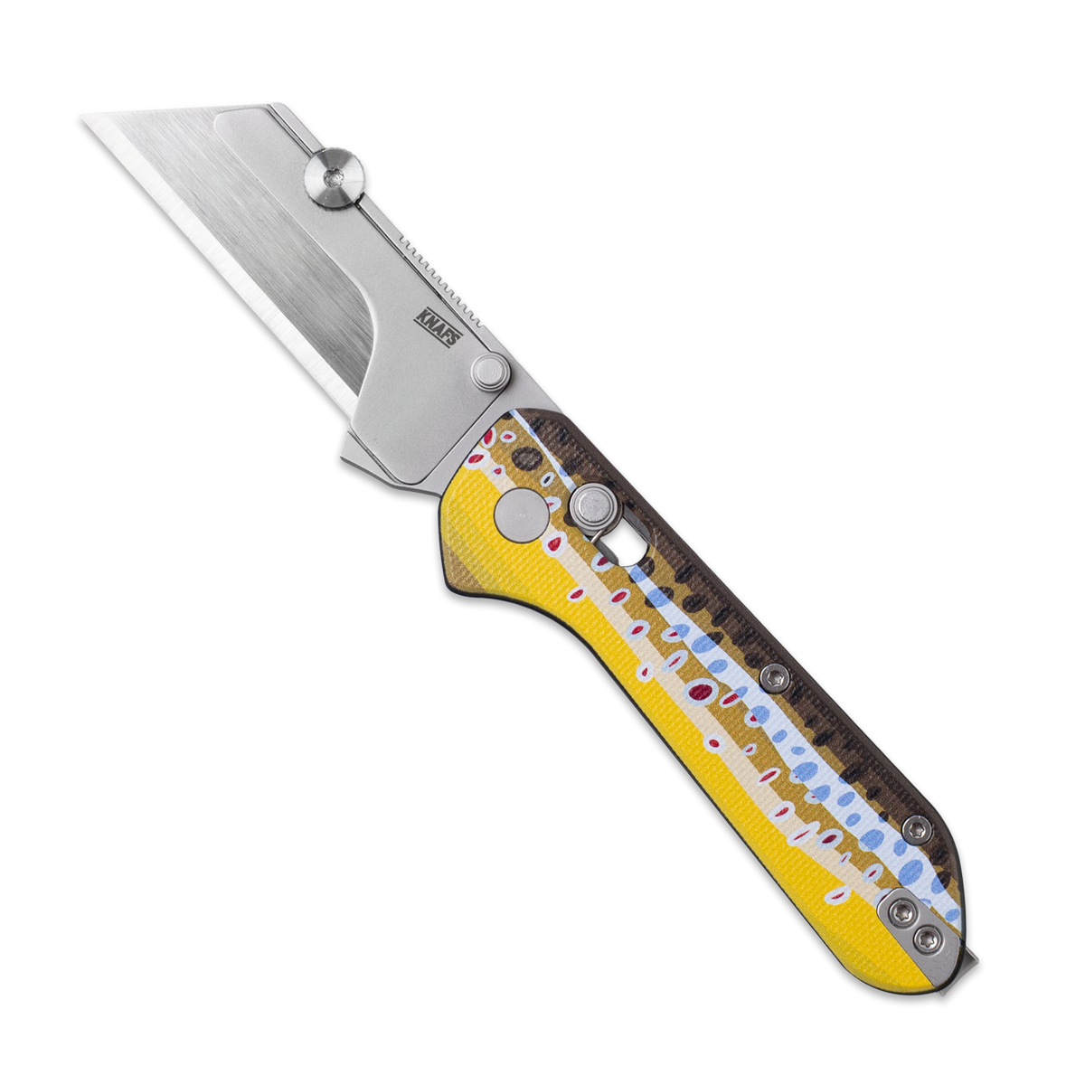Yuti utility knife with UV printed brown trout pattern G10 handle, open, front view