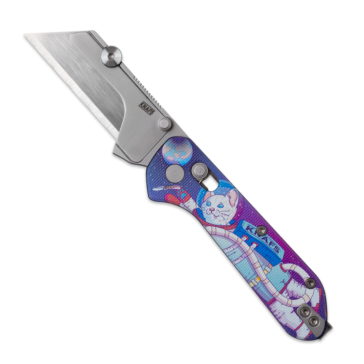 Yuti utility knife with UV printed Kitty Cosmo Crew pattern G10 handle, open, front view
