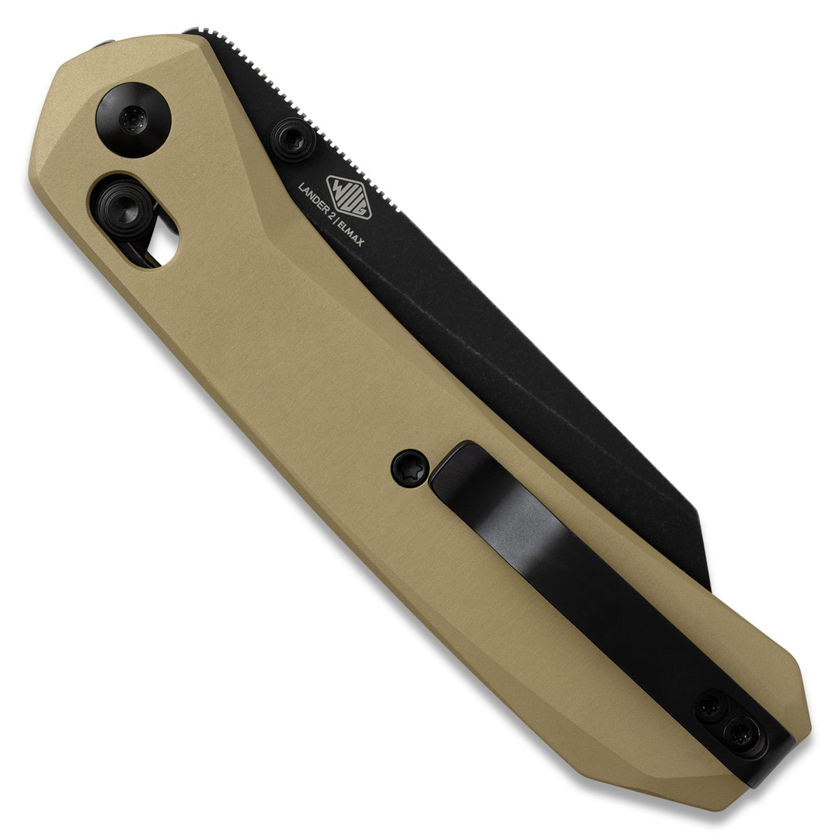 Lander 2 Reverse Tanto pocket knife with gold aluminum handle, open, angled view