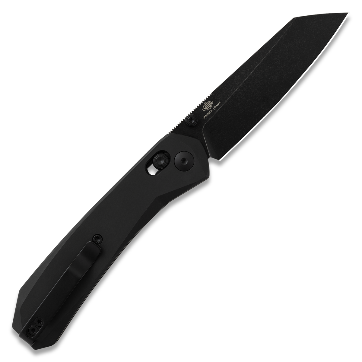 Lander 2 Reverse Tanto pocket knife with black aluminum handle, open, back view