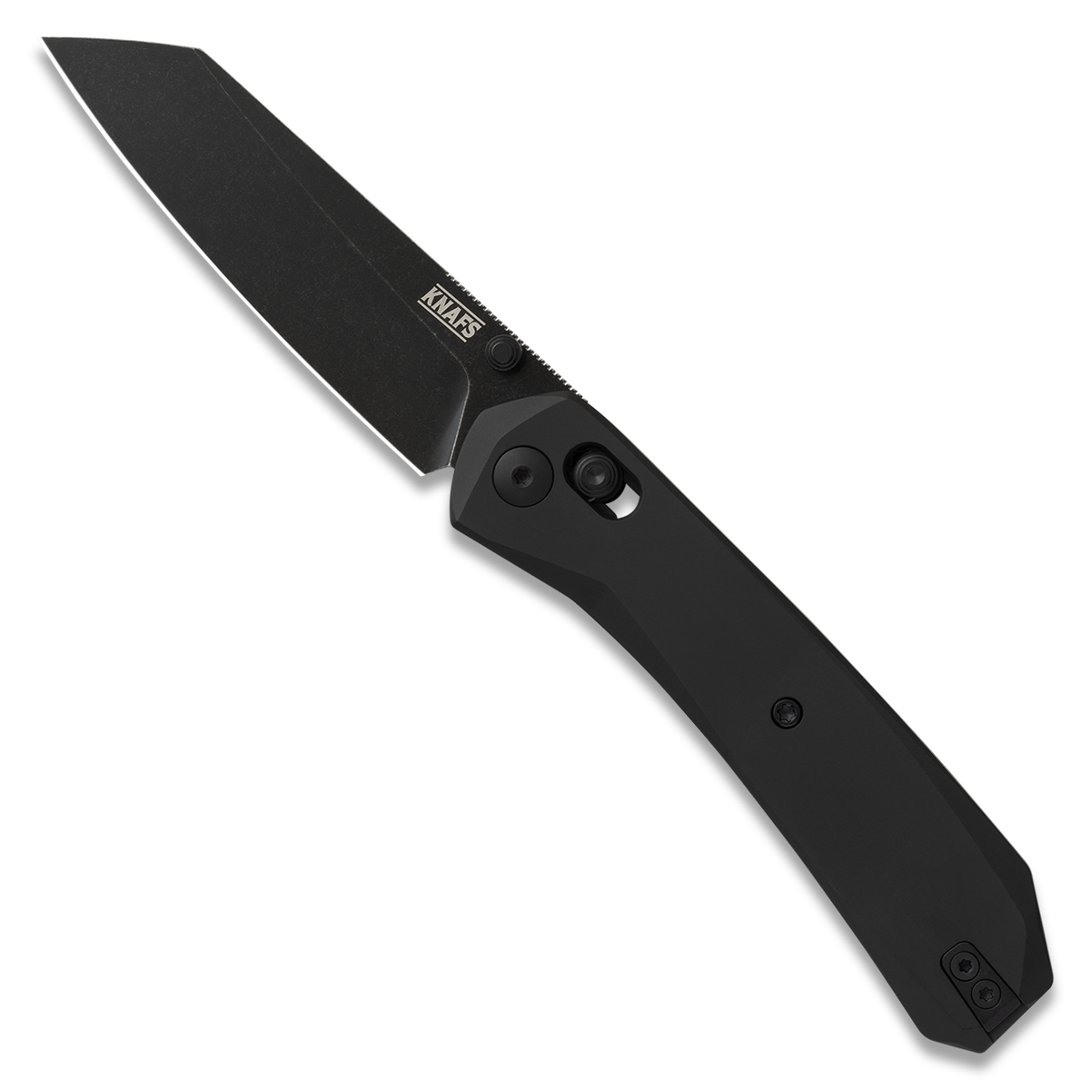 Lander 2 Reverse Tanto pocket knife with black aluminum handle, open, front view