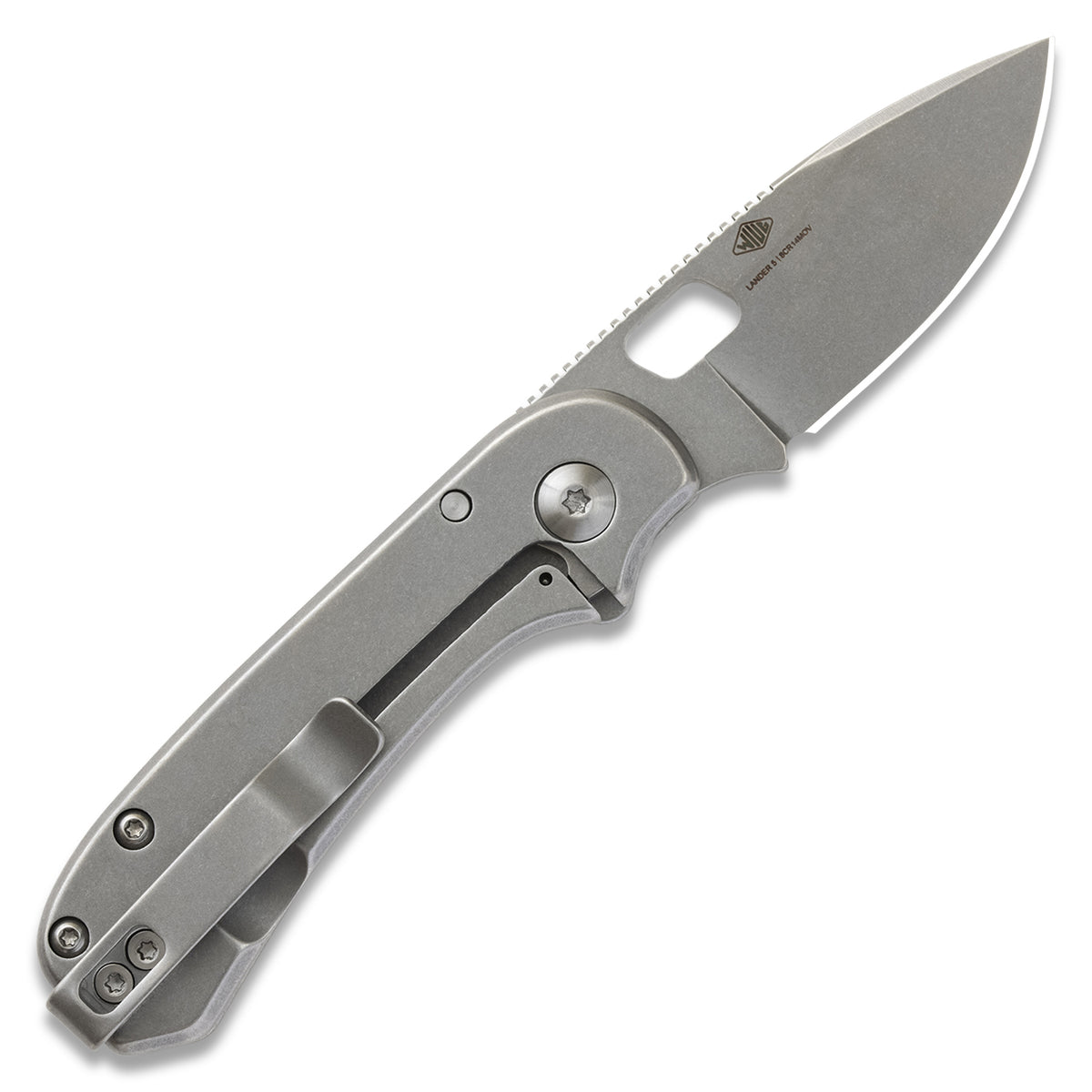 Lander 5 pocket knife, OG Washington edition, gray stonewashed, open, front view