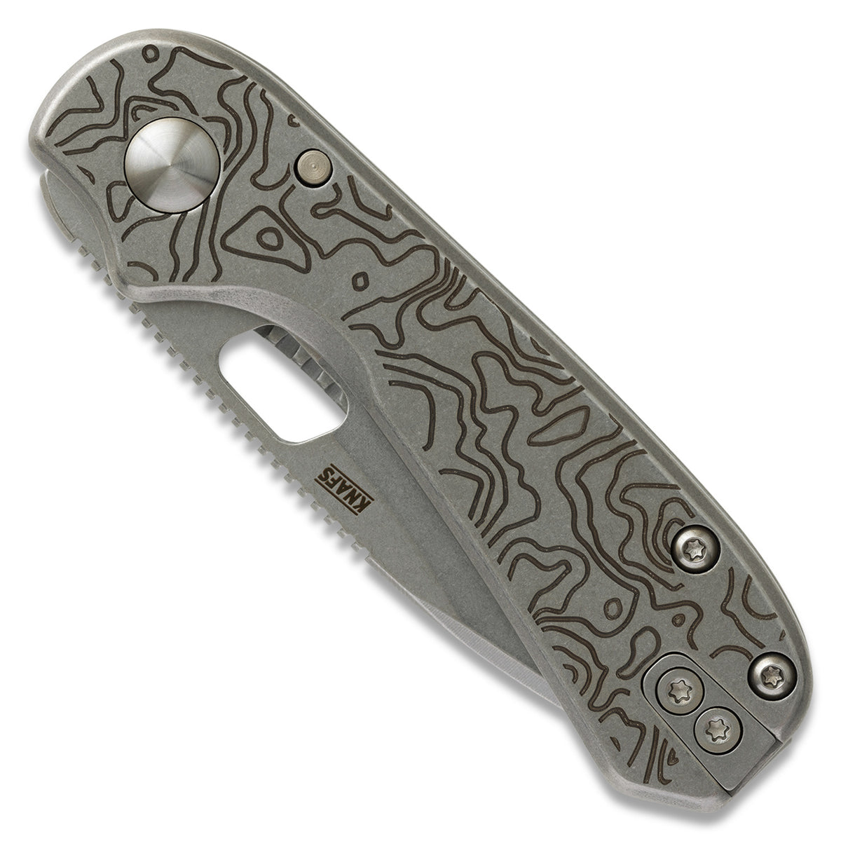 Lander 5 pocket knife, Topo gray stonewashed edition, closed, showing topographic engraved handle