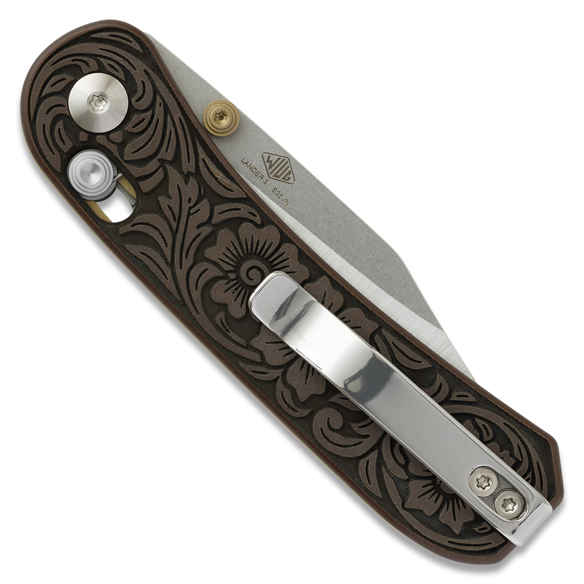 Lander 3 knife, Filigree Western clip point edition, closed, angled view
