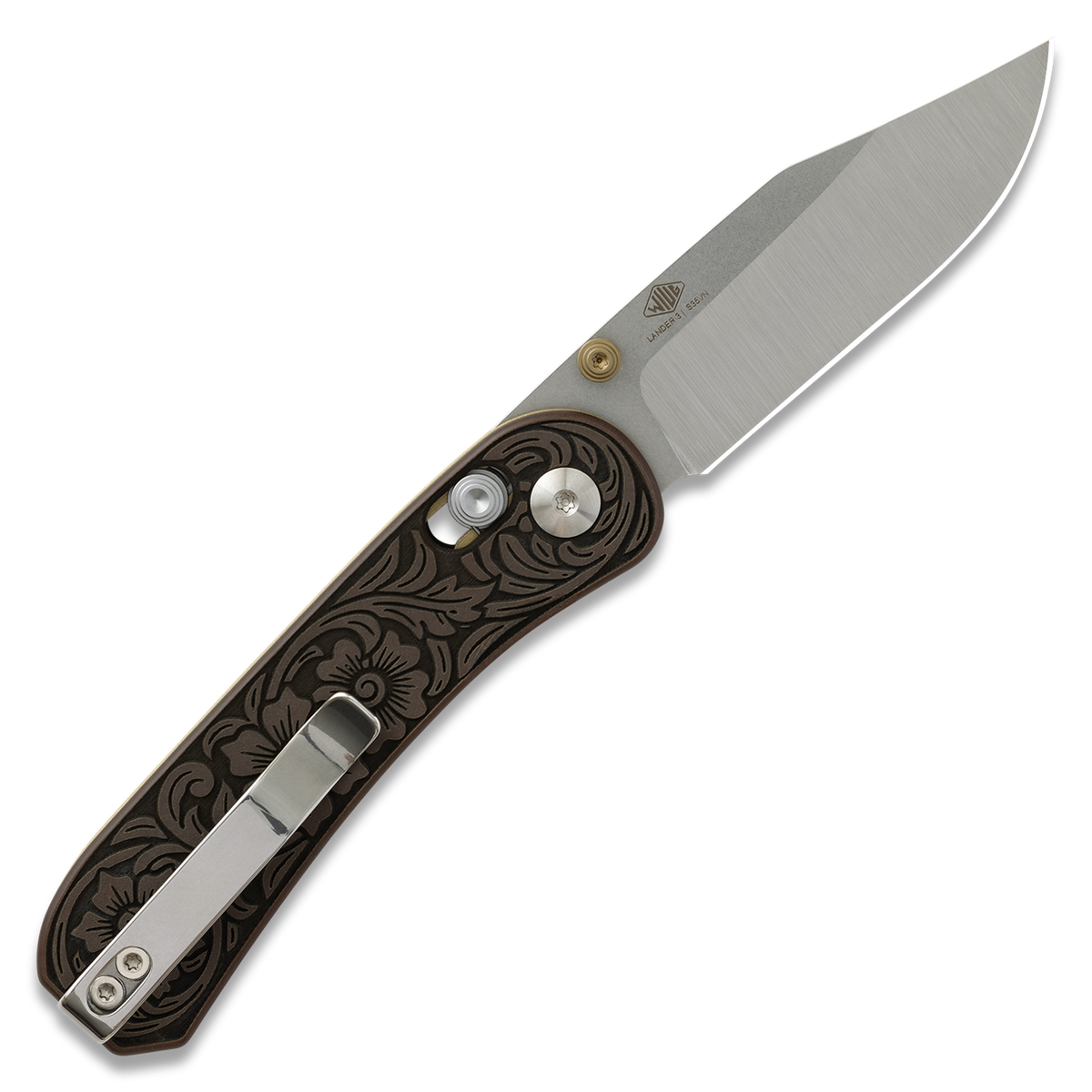 Lander 3 knife, Filigree Western clip point edition, open, back view