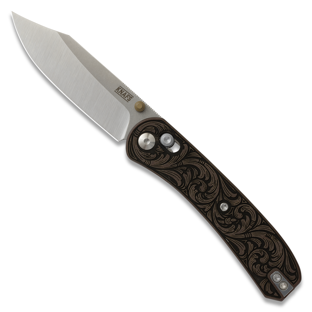 Lander 2 knife, Filigree Western clip point edition, open, front view