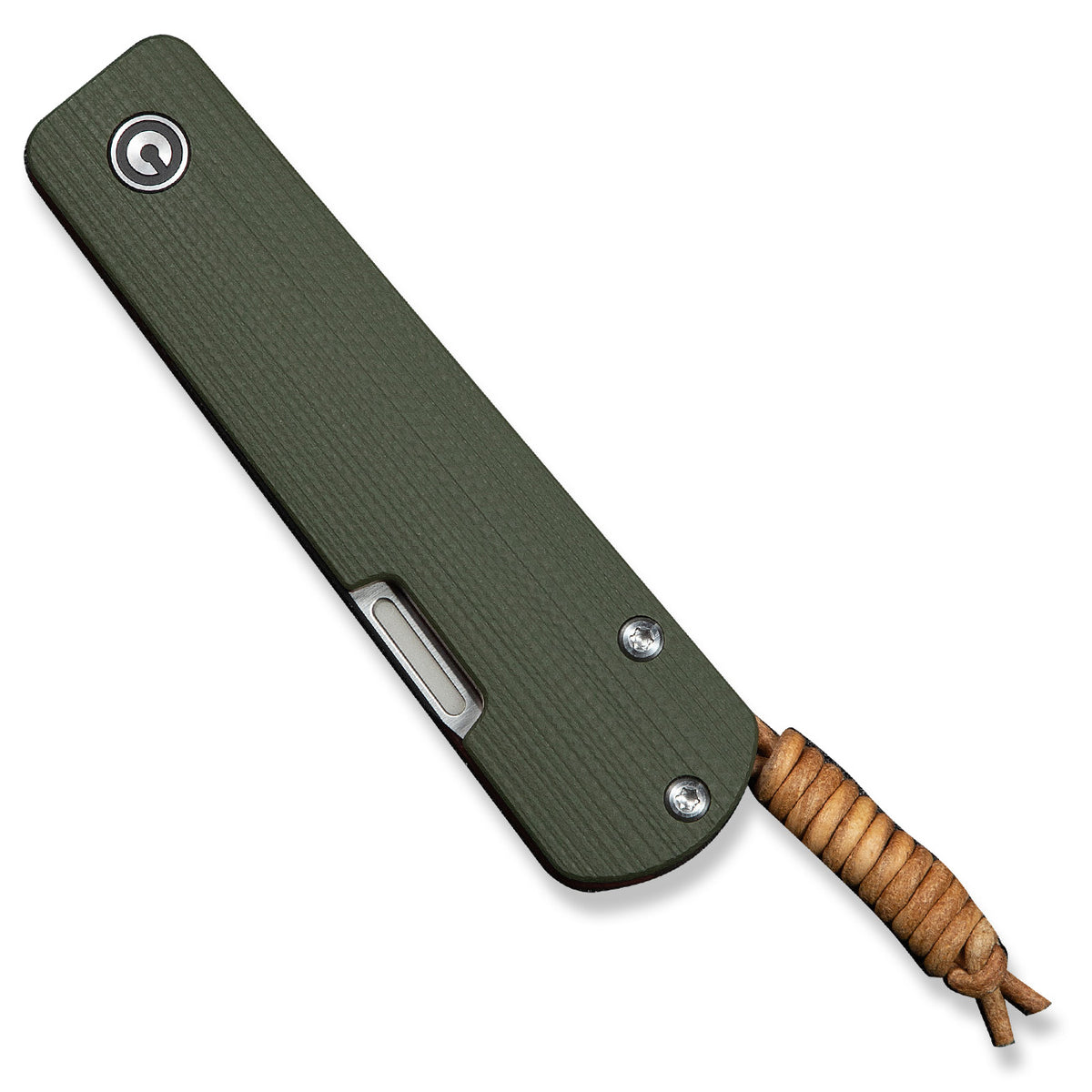 Slippy Sendy pocket knife with green and red G10 handle, closed, next to a coin for scale