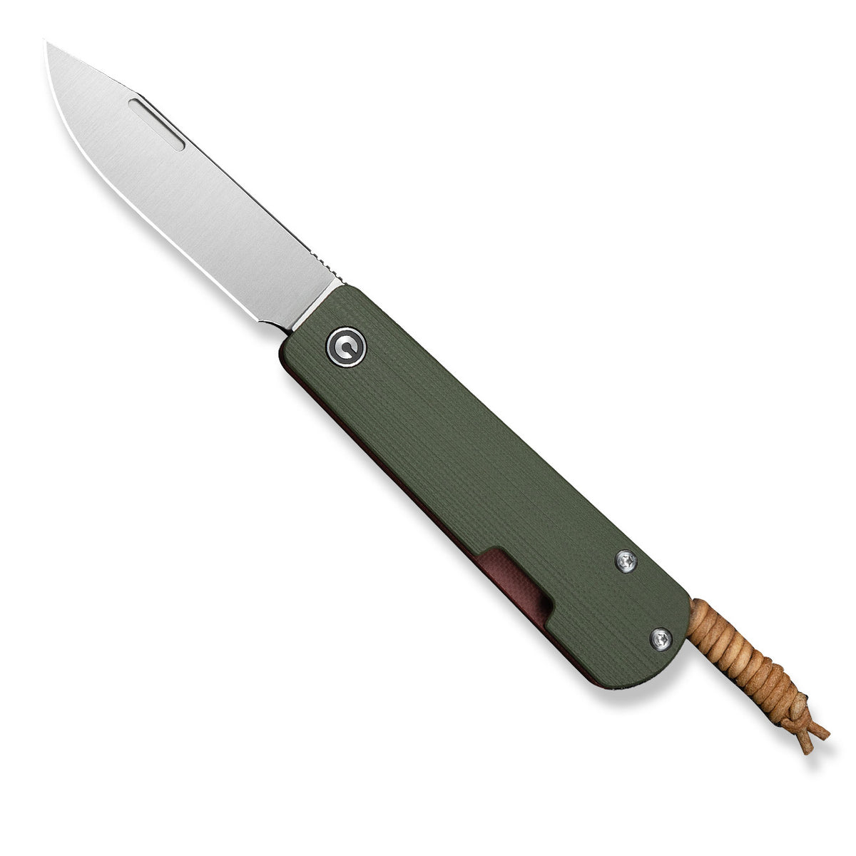 Slippy Sendy pocket knife with green and red G10 handle, open, front view