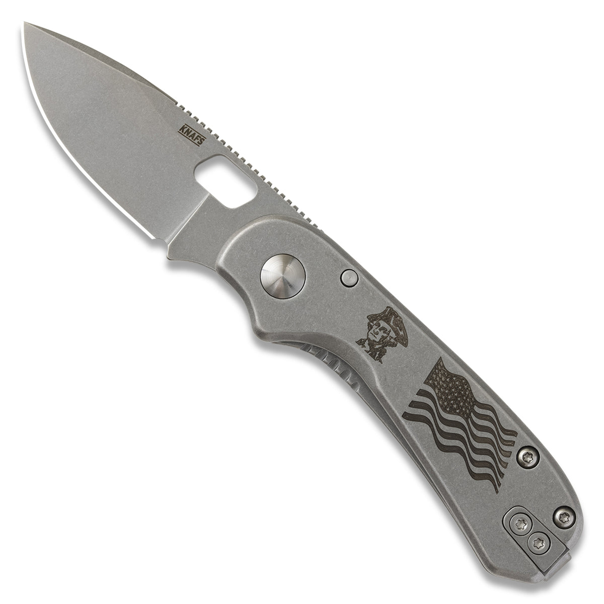Lander 5 pocket knife, OG Washington edition, gray stonewashed, closed, blade detail with engraving