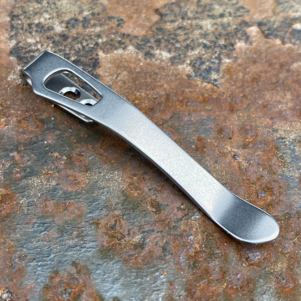 Lander 1/2/3 Titanium Pocket Clip - Stonewashed - Lynch NW close up lifestyle photo
