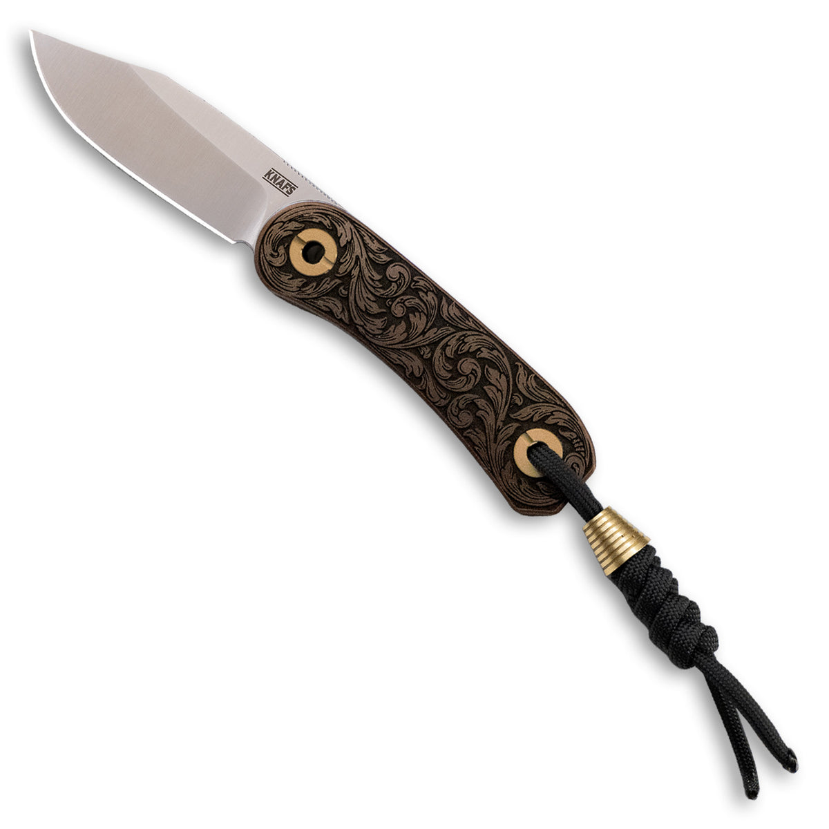 Lander 4 pocket knife with filigree engraved clip point blade, closed, front view