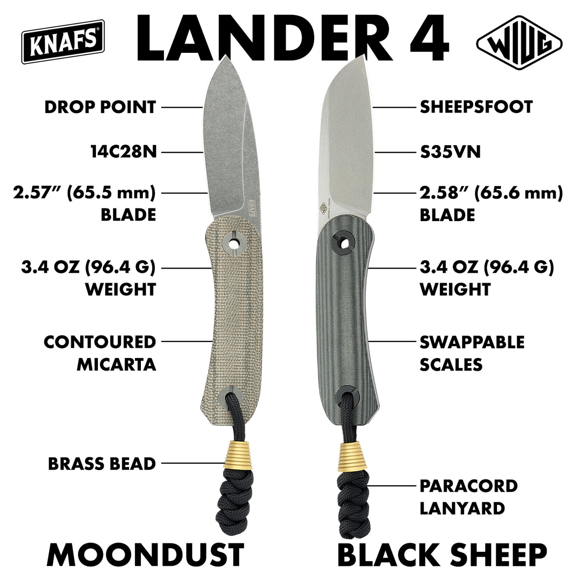 Lander 4 Fixed Blade Knife spec graphic comparing the Moondust and Black Sheep handle options with dimensions