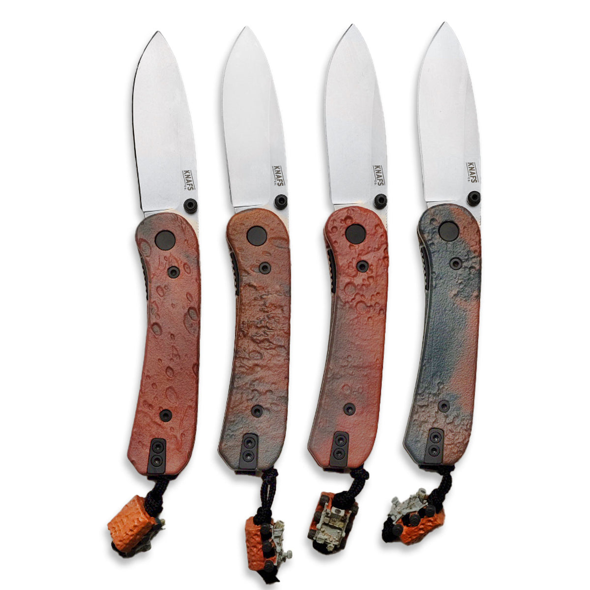 Four Knafs x Chroma Scales Mars Lander (Limited Edition) knives fanned out together