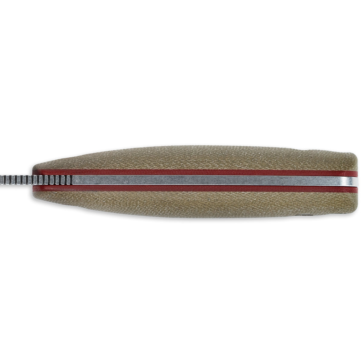 Close-up of tan MagnaCut fixed blade knife handle