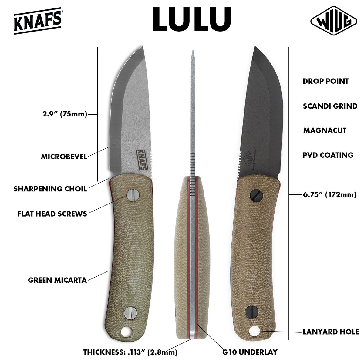 Comparison diagram of Lulu fixed blade knife sizes side by side with measurements