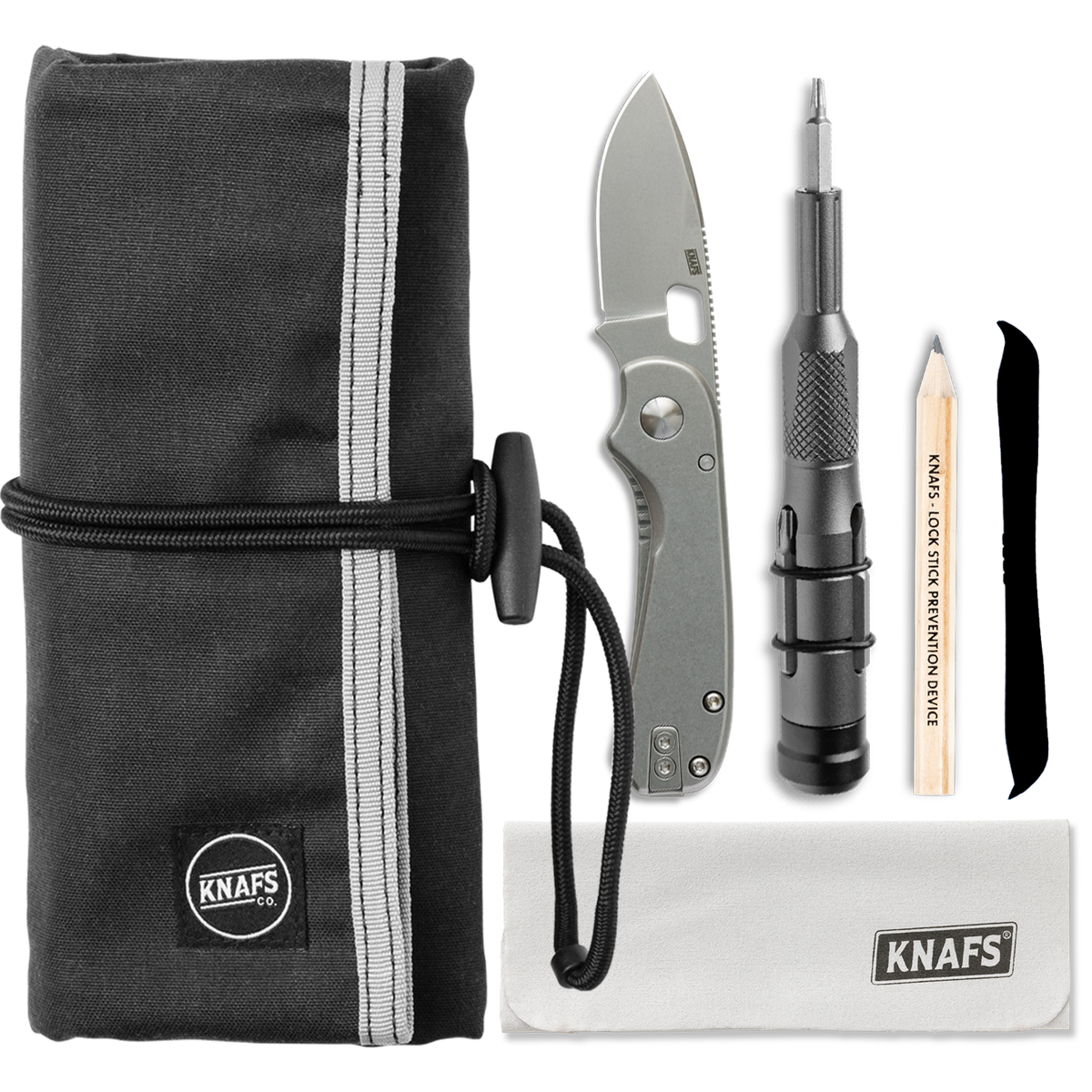 New to Knives bundle with Lander 5 knife, sharpening tools, and pen in black zippered case
