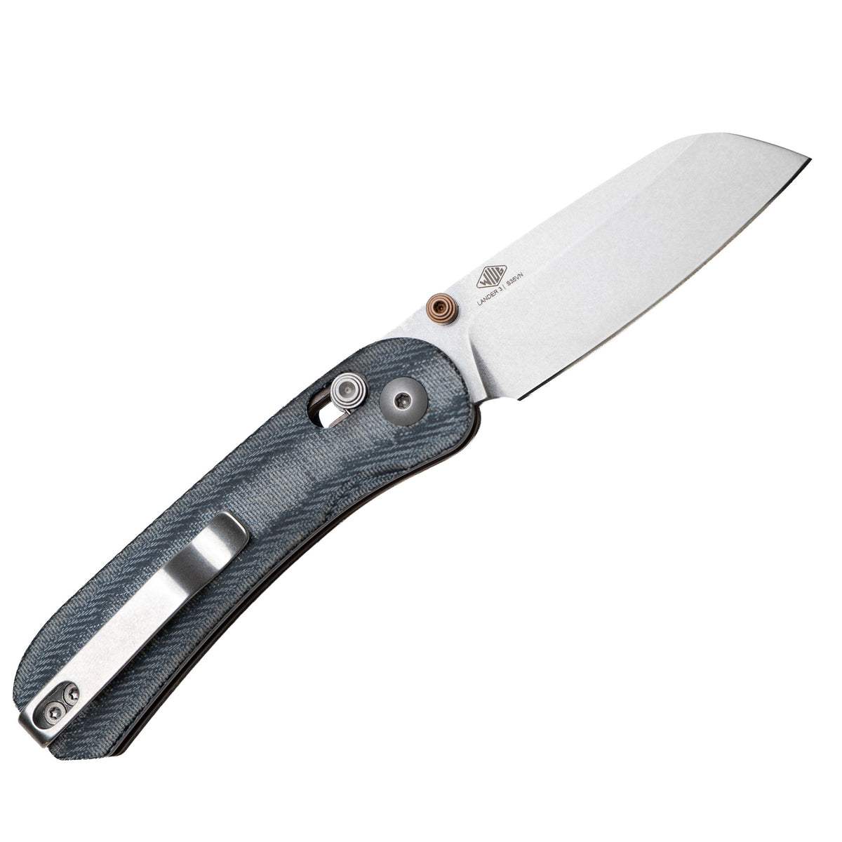 Lander 3 pocket knife with sheepsfoot blade, open, back view