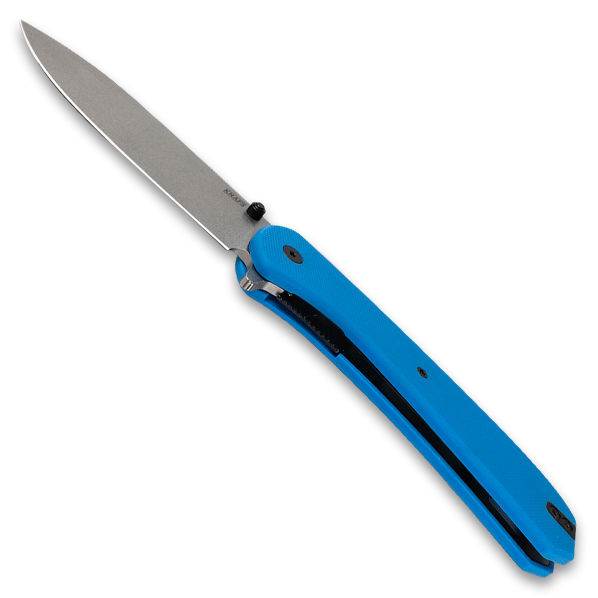 Lander 7 pocket knife with blue G10 handle, open, bottom view showing pivot