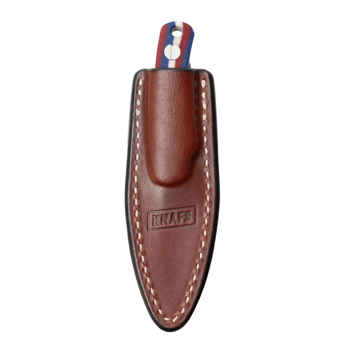 Little Lulu fixed blade knife brown leather sheath, empty, front view