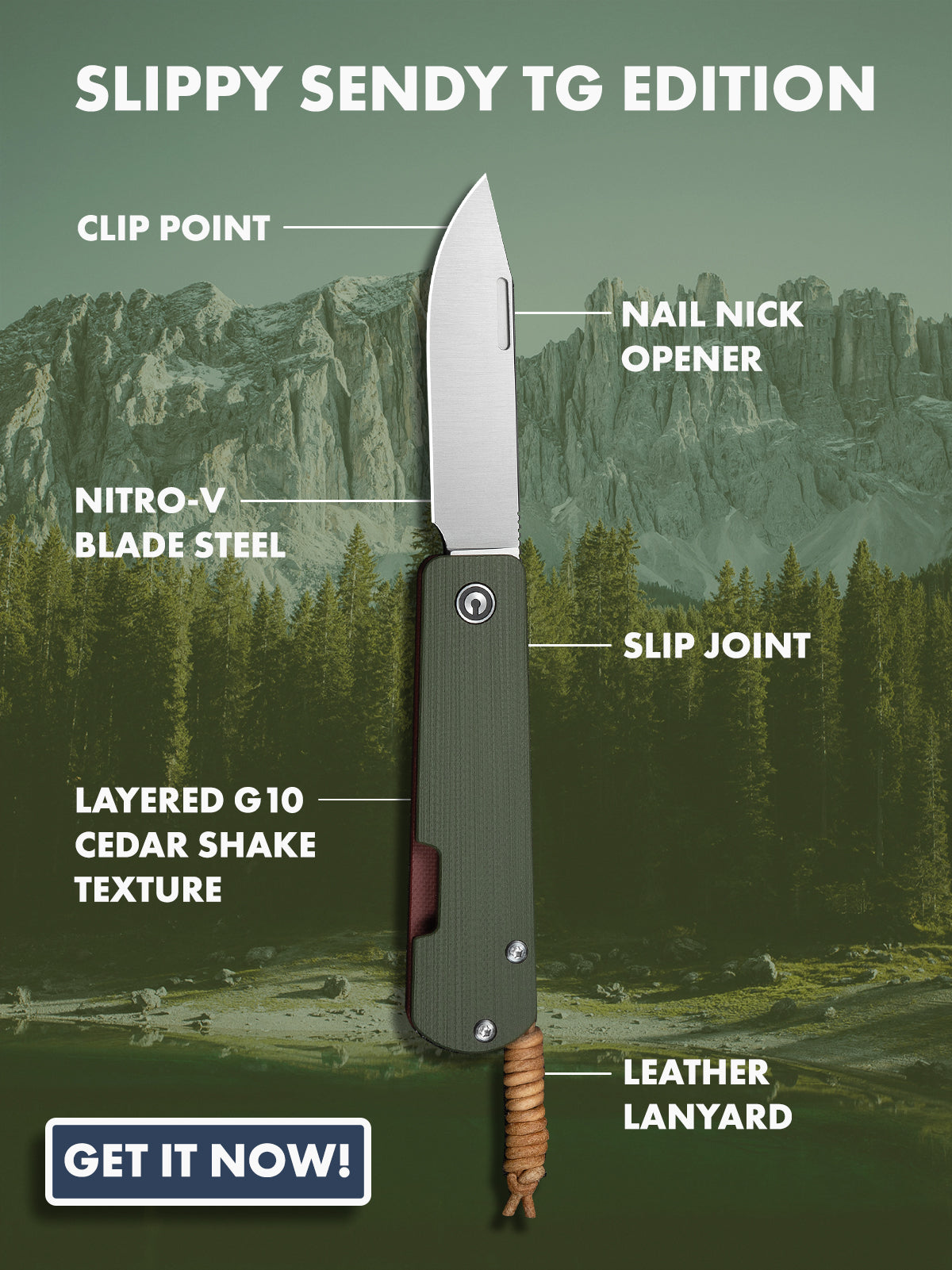 Slippy Sendy Tenth Edition pocket knife infographic listing features and specifications