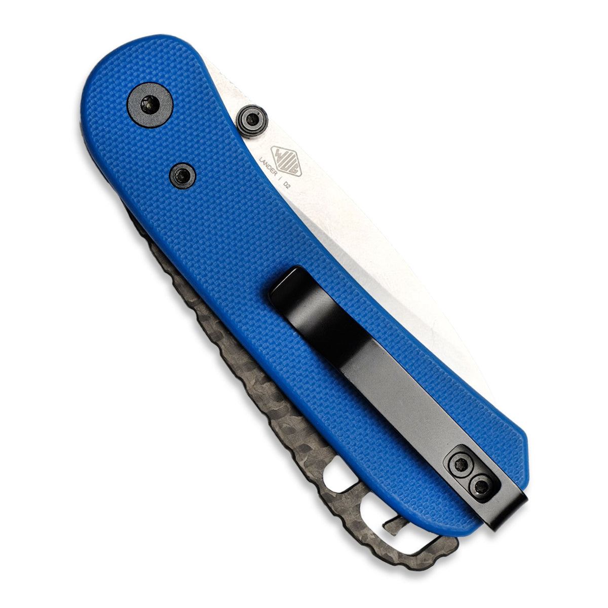 Unlocked Composites Lander 1 Backspacer installed on a Lander 1 knife with blue G10 handle, close-up