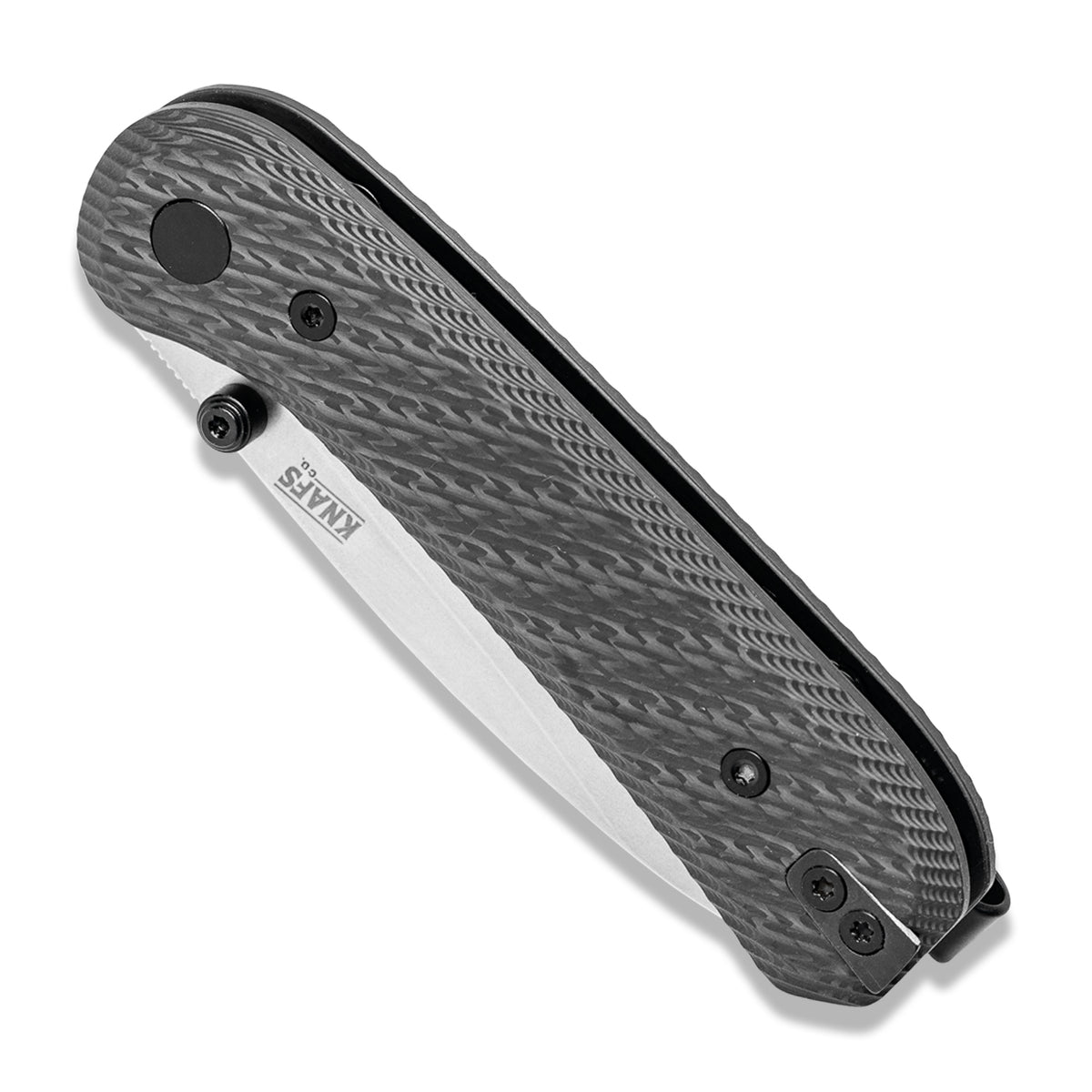 Lander 1 Knife Scales in Bias Carbon Fiber installed on an open knife with satin blade