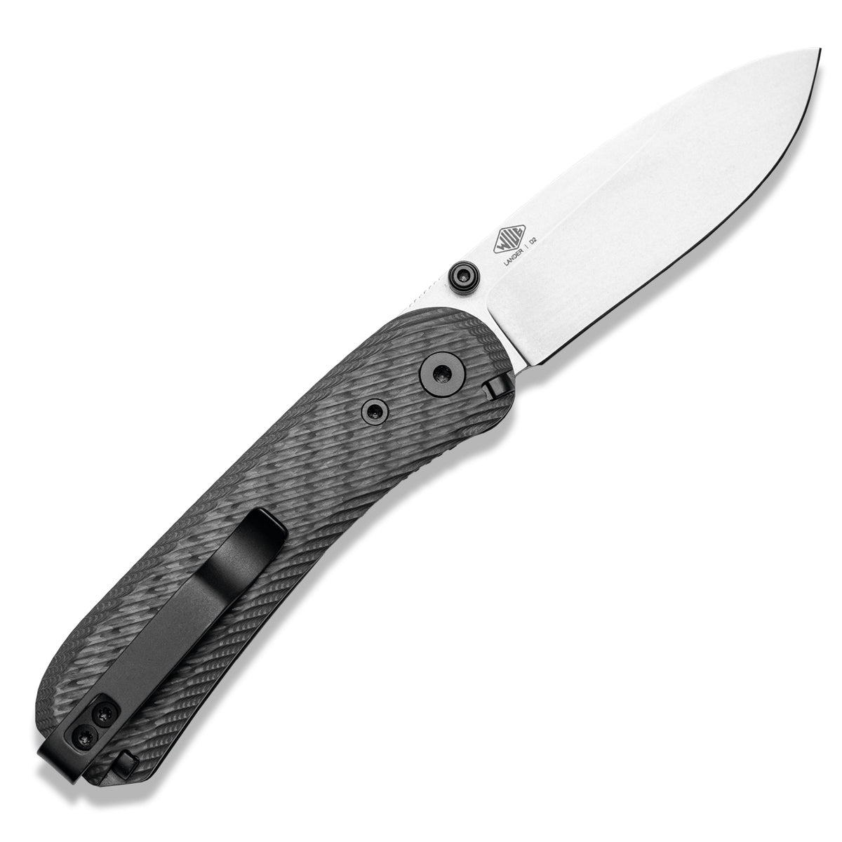 Lander 1 Knife Scales in Bias Carbon Fiber installed on an open knife, alternate angle
