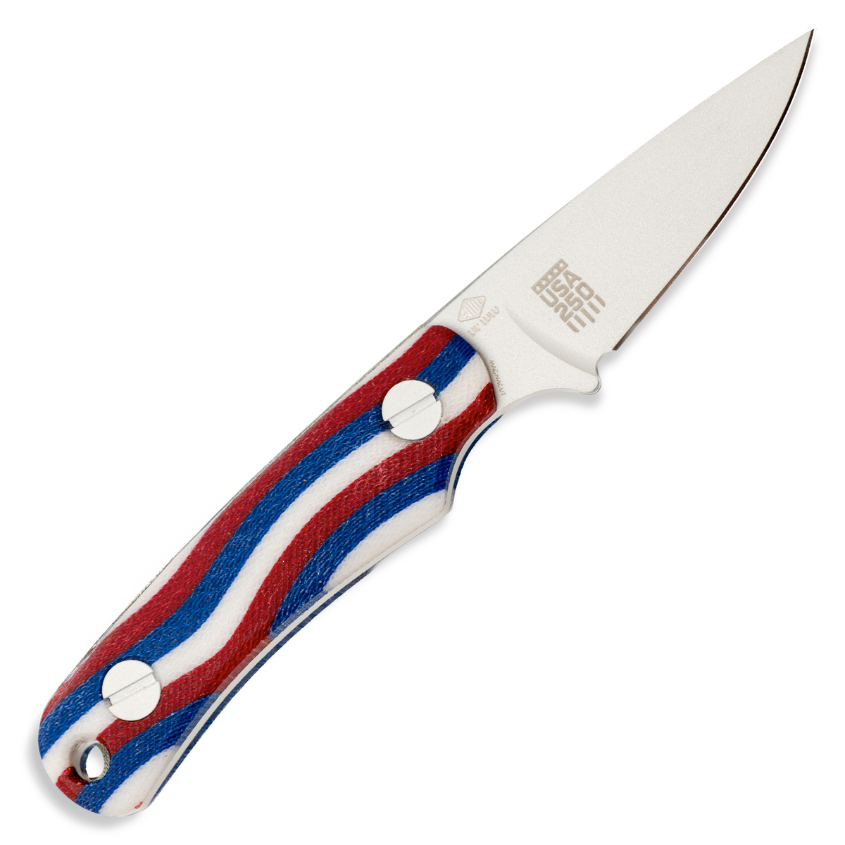Little Lulu fixed blade knife, U.S. 250th anniversary Americarta edition, red white and blue handle, back view