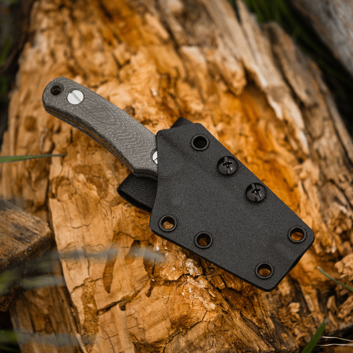 Little Lulu fixed blade knife in its black sheath, resting on a wood log outdoors
