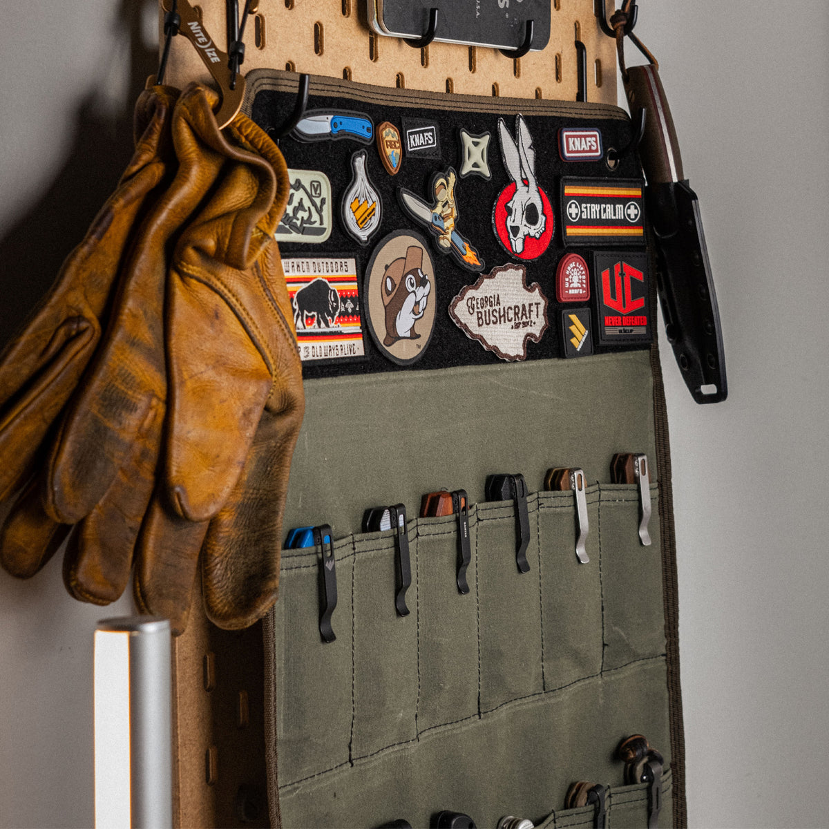Burrito Grande Guac Edition EDC knife roll, opened flat showing knife and tool pockets