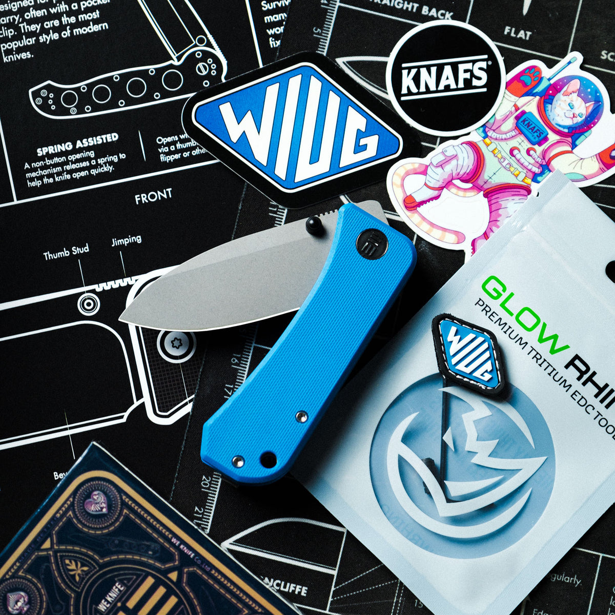 Ben Blue Banter 7-in-1 Bundle flat lay showing the knife, ruler, patch, sticker, and other included items