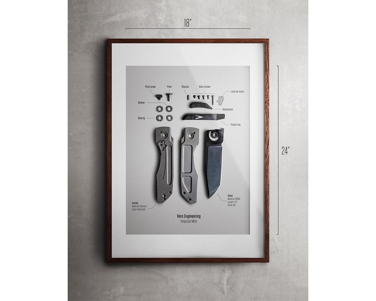 Vero Engineering Knife Poster "Impulse" framed in a wood frame, leaning against a wall