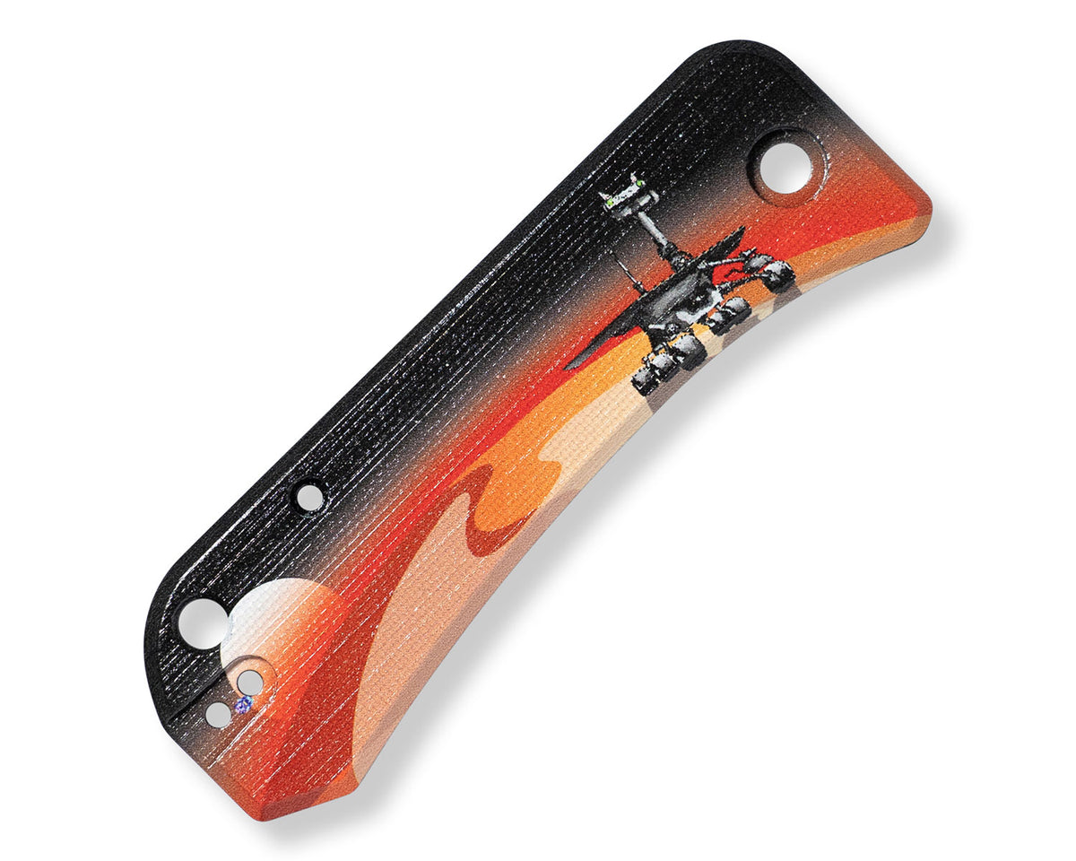Mars Kitty Banter Scales Version 2.0 on a closed folding knife, back view
