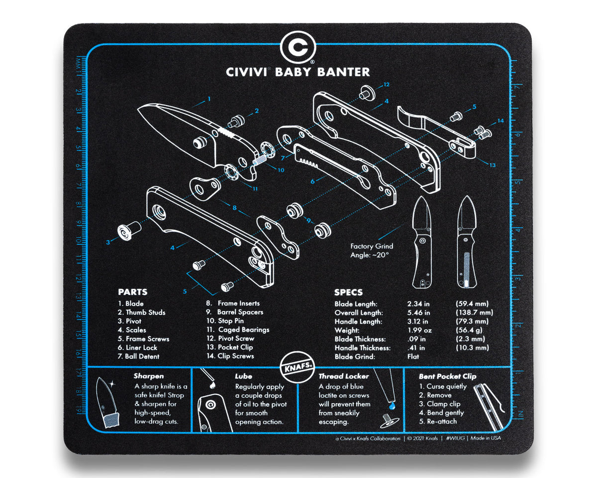 CIVIVI Shop Mat mouse pad printed with knife diagrams and specs, top view