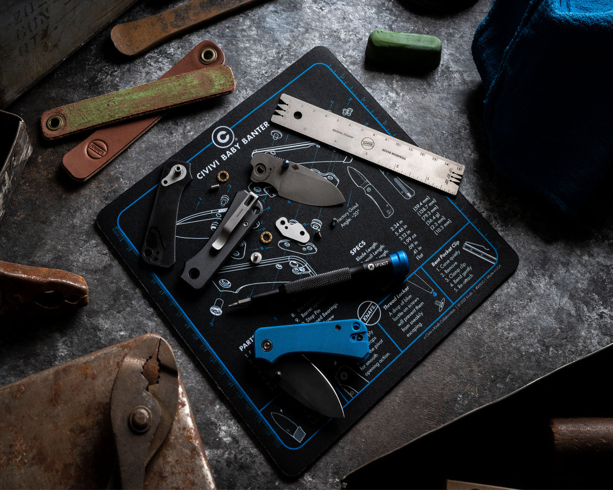 CIVIVI Shop Mat mouse pad in use on a workbench with knives and tools