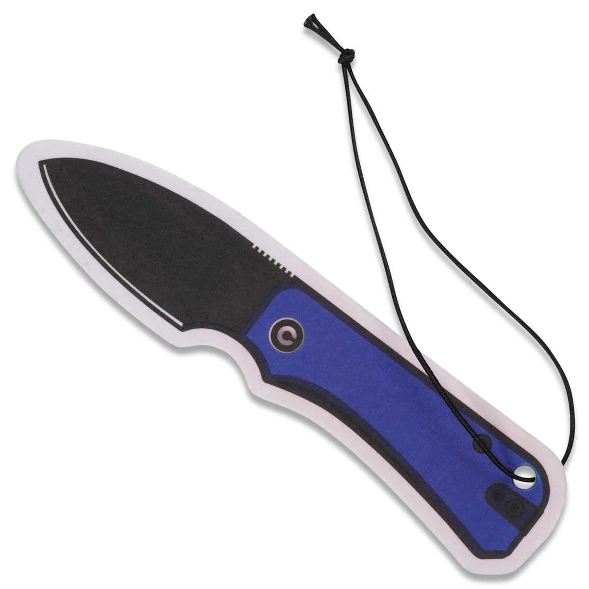 CIVIVI Knife Air Freshener shaped like a closed folding knife with a black blade and blue handle, hanging by its cord