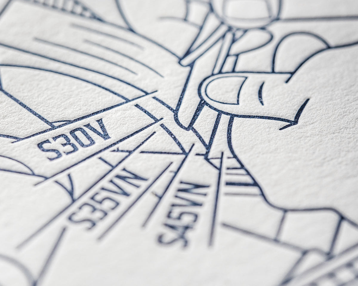 Close-up of the Sebenza Letterpress Premium Poster showing fine line-art detail of the knife design