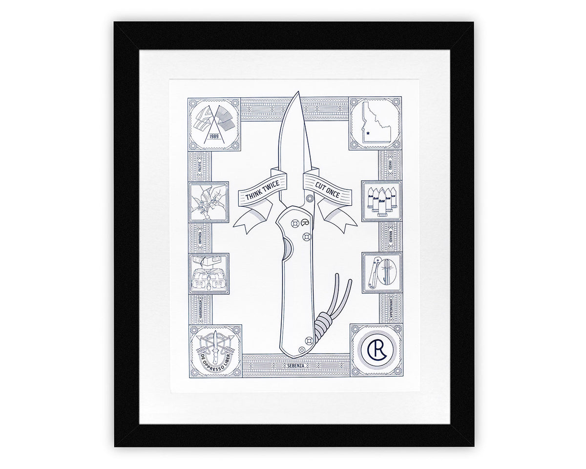Sebenza Letterpress Premium Poster, a black and white letterpress knife design print in a black frame
