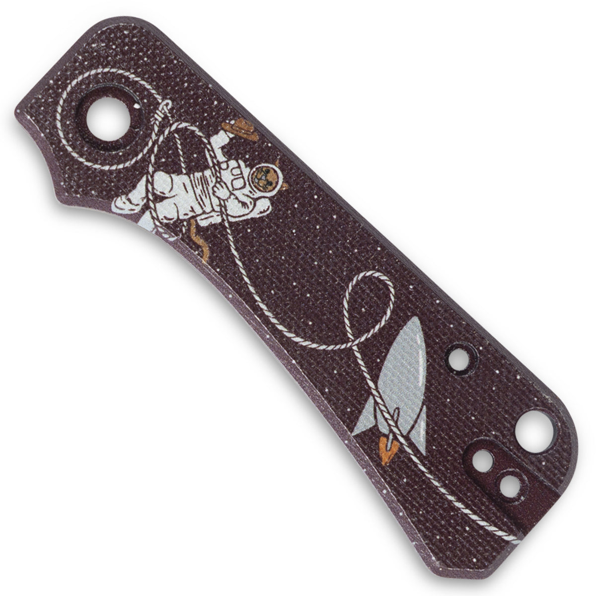 Jupiter Space Kitty Baby Banter Scales, maroon scales featuring a cat and Saturn illustration, front view