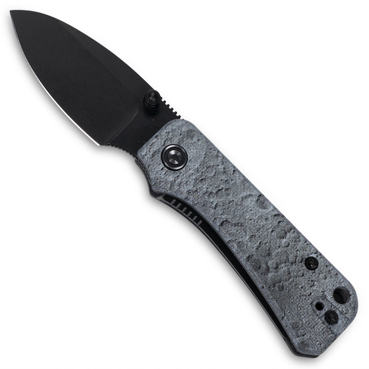 Lunar Surface Baby Banter Scales installed on an open pocket knife, front view
