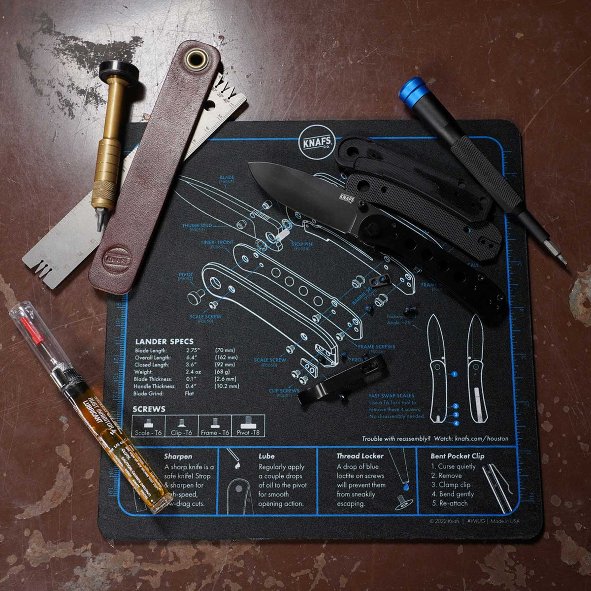 Lander Pocket Knife Shop Mat - Mouse Pad - Front View with tools