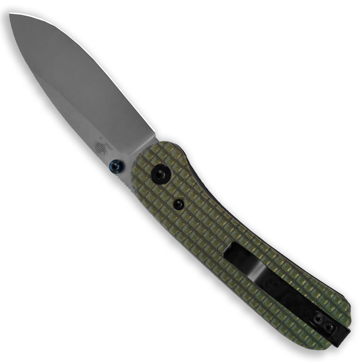 Lander 1 Knife Scales in Frag OD Green installed on an open knife, alternate angle