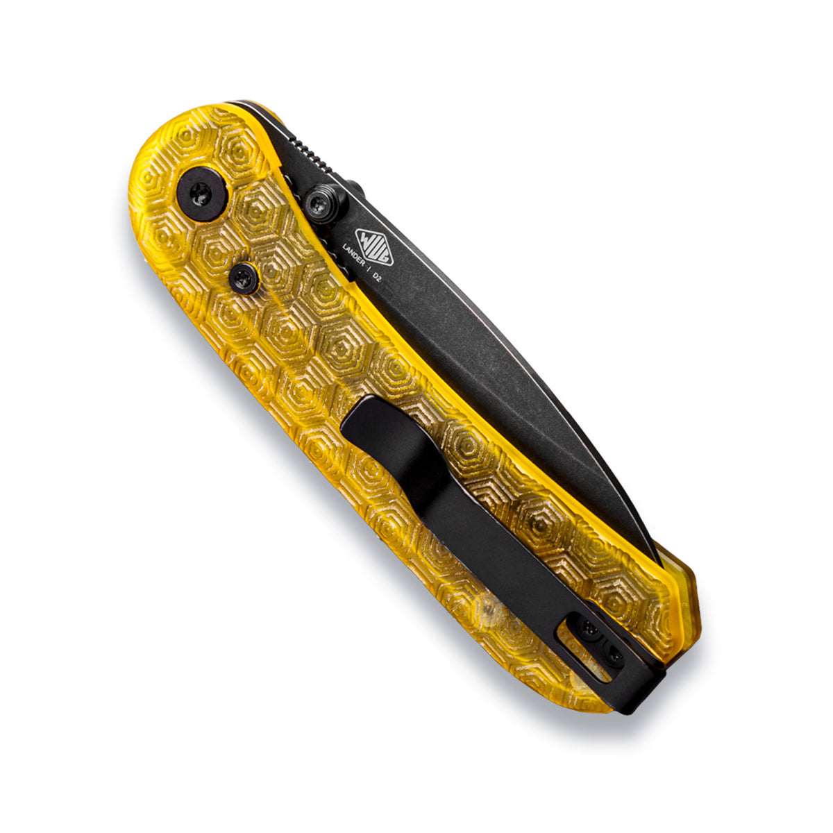 Lander 1 Knife Scales in Turtle Power Ultem installed on a closed knife, alternate angle