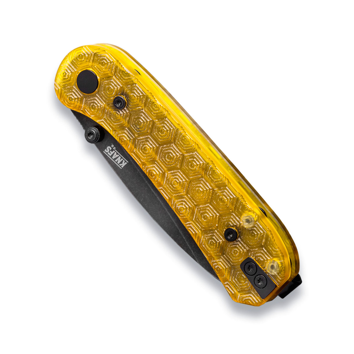 Lander 1 Knife Scales in Turtle Power Ultem installed on a closed knife, front view