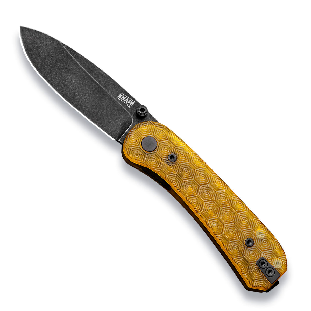Lander 1 Knife Scales in Turtle Power Ultem installed on an open knife with black blade