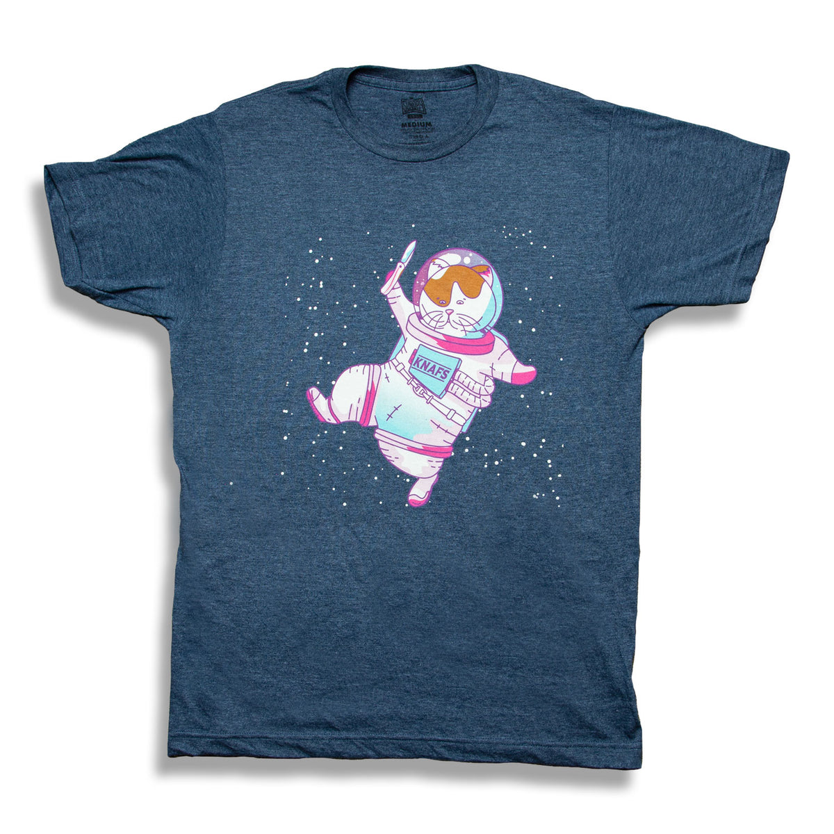 Gary the Space Kitty T-shirt in heather navy with an astronaut cat graphic print