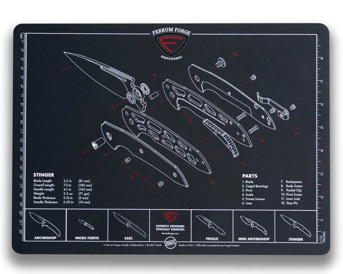 Knafs x Ferrum Forge Stinger Knife Shop Mat, a black rubber mat printed with a knife blueprint schematic, top view